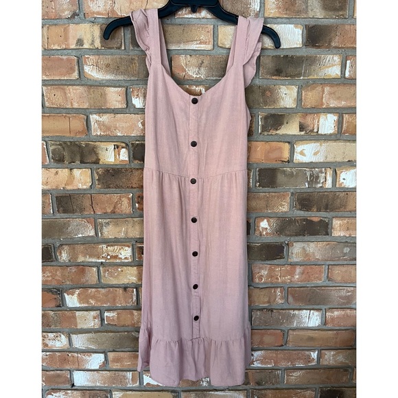 Monteau Women’s Light Pink Ruffled Linen Blend Boho Midi Dress Size Medium - Picture 1 of 5